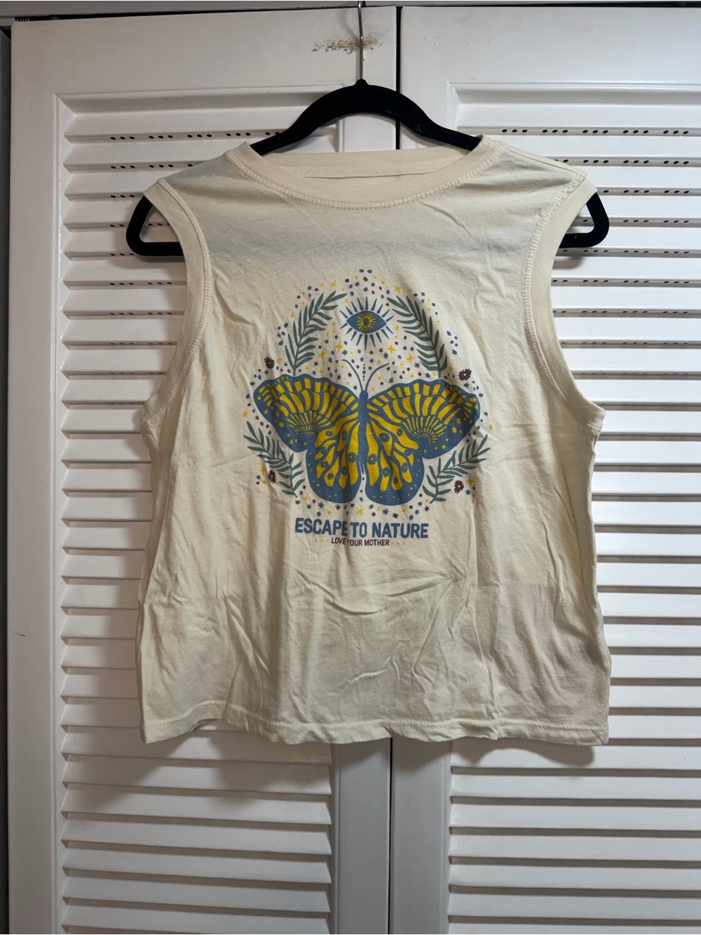 Spiritual Gangster Cream Tank Top with Blue & Yellow Butterfly Graphic